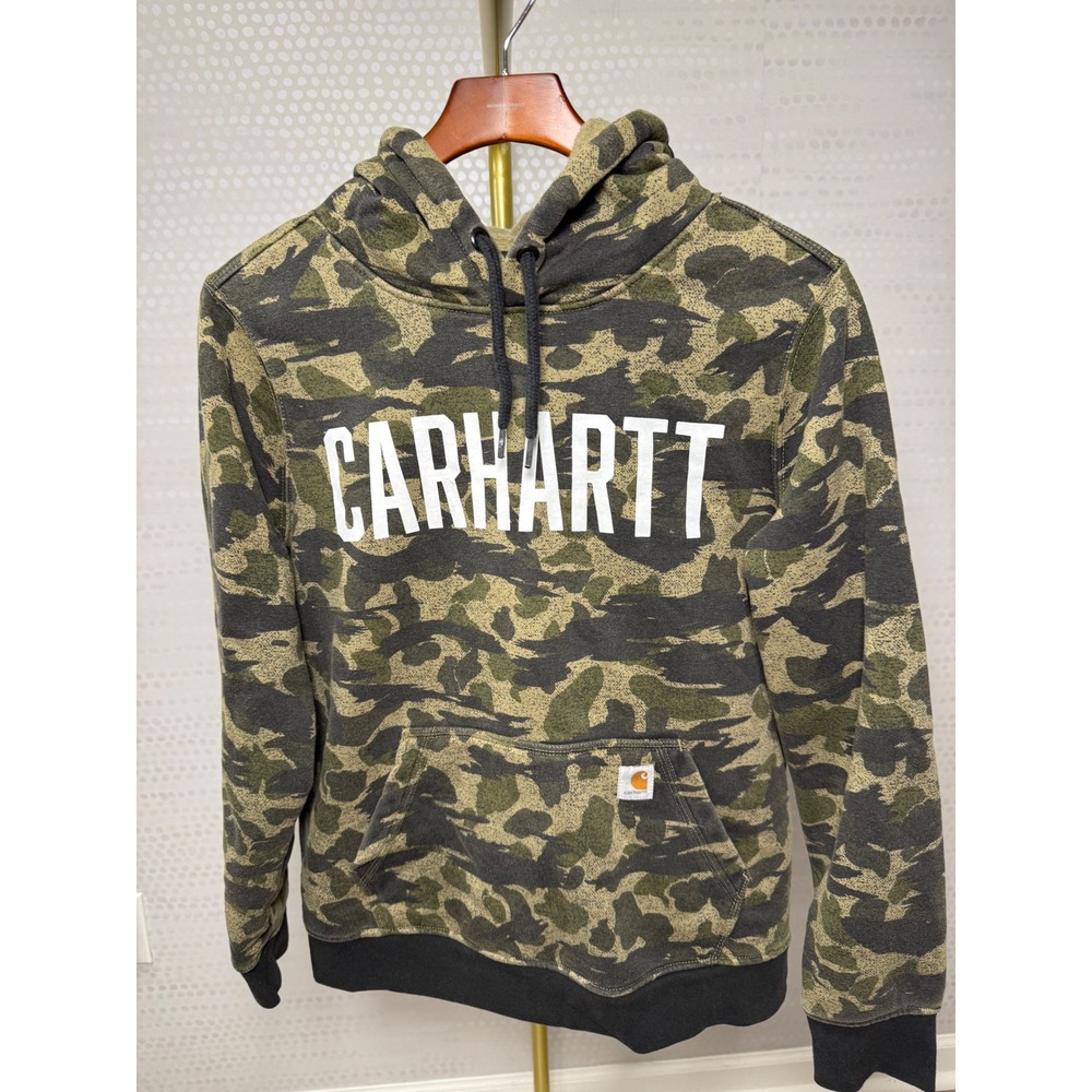 Carhartt Womens L 12/14 Relaxed Fit Camo Logo Hoodie Green Pullover 105082 N15